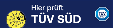 Hier prüft TÜV SÜD — Prüfplakette und TÜV-SÜD-Zeichen